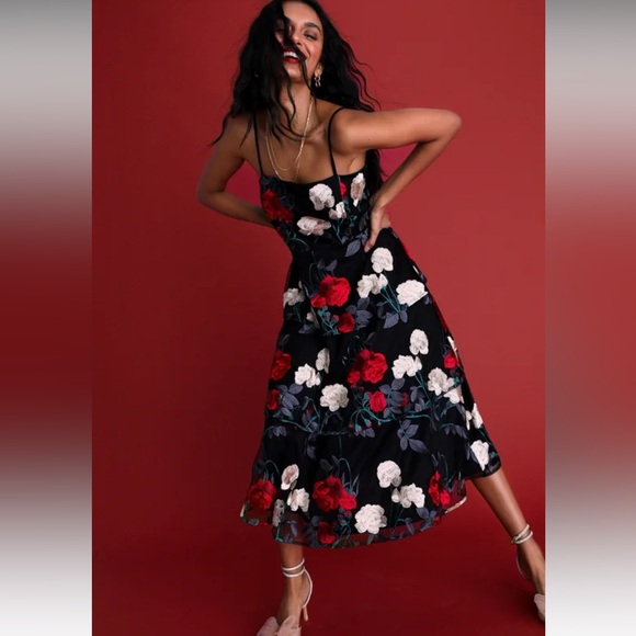 Lulus Forever Lovable Black Floral Embroidered Tiered Midi Dress - Picture 5 of 8
